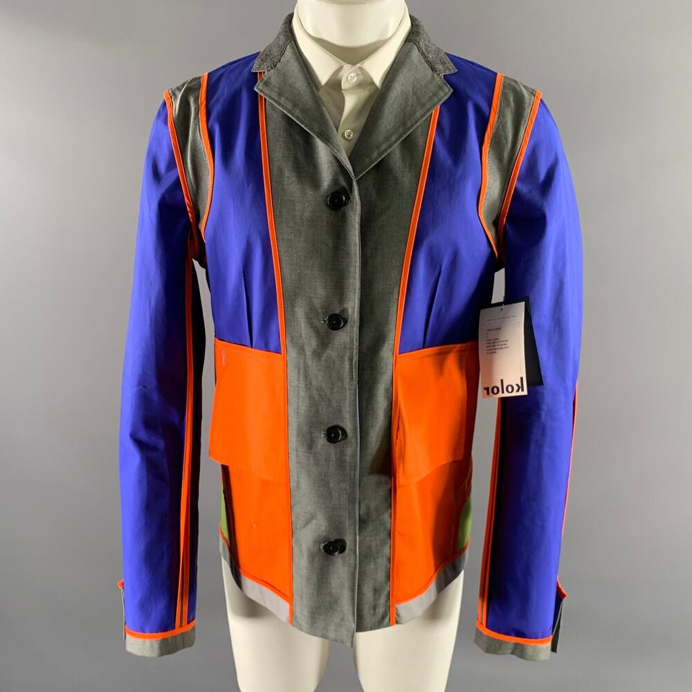 KOLOR Size 42 Grey Blue Color Block Cotton Nylon Notch Lapel Sport Coat